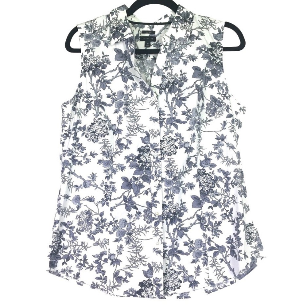 Talbots Floral Non-Iron Sleeveless Button Down Shirt 10 White Gray
